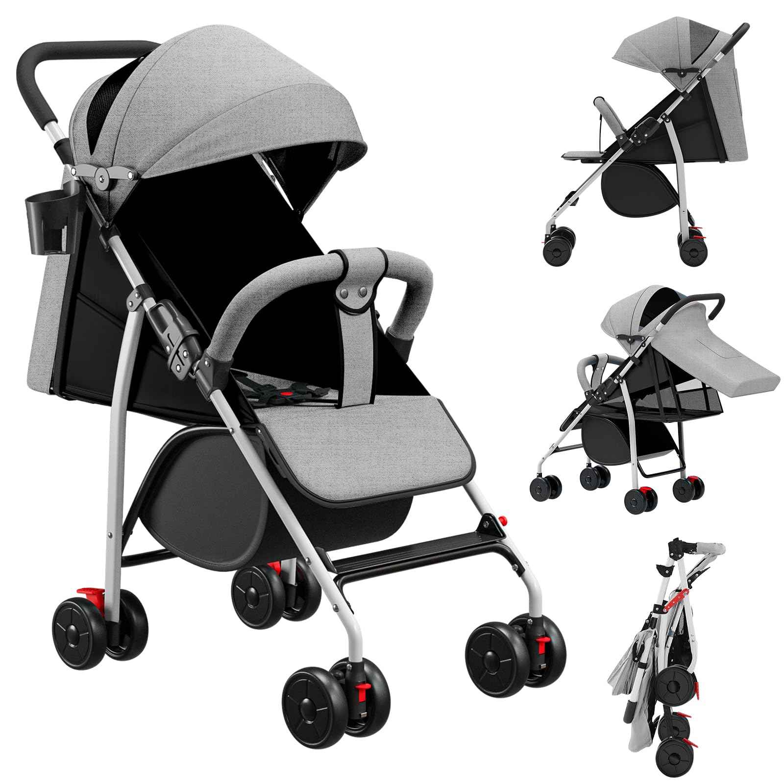 Buggy für Babys, ultraleicht, kompakt, faltbar und neigbar, von Geburt bis 25 kg, mit Trolley-System, Regenschutz inklusive, ausziehbarer Haube, C-schwarz