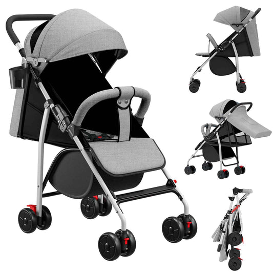 Buggy für Babys, ultraleicht, kompakt, faltbar und neigbar, von Geburt bis 25 kg, mit Trolley-System, Regenschutz inklusive, ausziehbarer Haube, C-schwarz