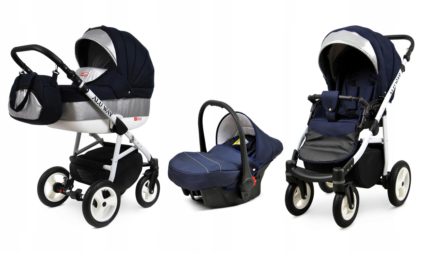 BabyLux® Kinderwagen Set 4 in 1 - Alu Way - incl. Babywanne, Buggy Sportsitz, Auto-Babyschale, ISOFIX-Basisstation - Autositz - Kinderwagenset - Kombikinderwagen mit Wickeltasche usw.