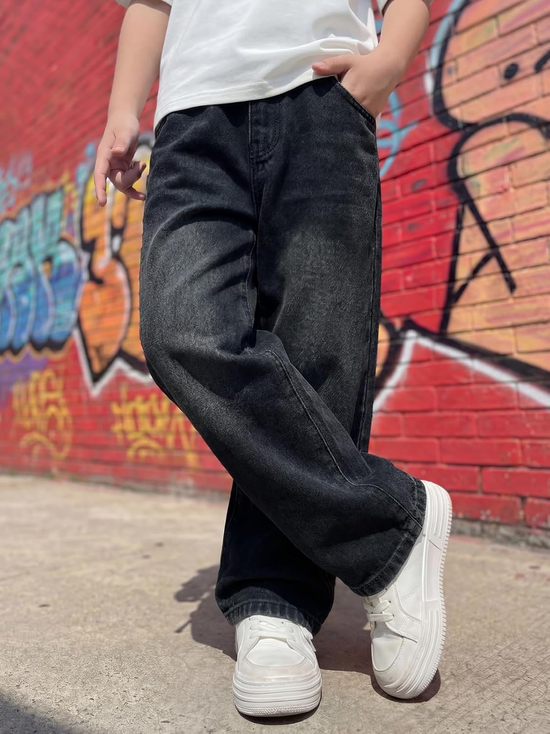 Baggy Jeans Jungen Weites Bein Gummibund Denim Jeanshosen Gr.120-170 | Baumwolle Lässige kinder Jeans Jungen Elastischer Freizeithose für 5-14 Jahren
