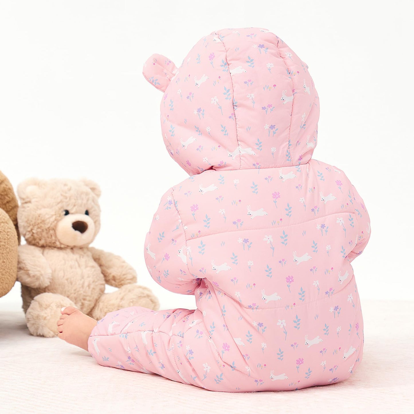 JiAmy Baby Winter Snowsuit, Toddler Bear Hood Fold-Over Mittens Booties Jumpsuit Toddler Warm Fleece Romper Girls Boys Warm Jumpsuit 3-24 Months