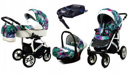 BabyLux® Bambimo Pushchair Set 3 in 1 - Tropical - incl. Baby Carrycot, Buggy Sports Seat, Car Seat - Pram Set - Combination Pram with Changing Bag, Rain Cover etc.
