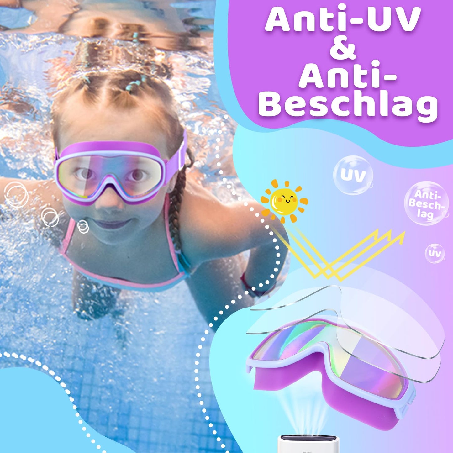 Vvinca Kids Swimming Goggles with Comfort Fabric Strap Wide Angle Anti-Fog UV Protection Waterproof Swimming Goggles for 3-14 Years