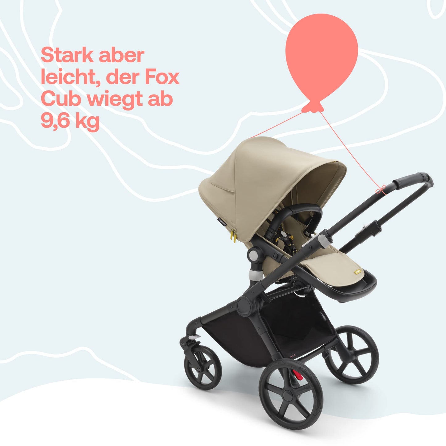 Bugaboo Fox Cub All Terrain Pushchair, Lightweight and Sturdy Pram, Durable Design and Extra Large Sun Canopy, One Piece and Self Standing Foldable - Black