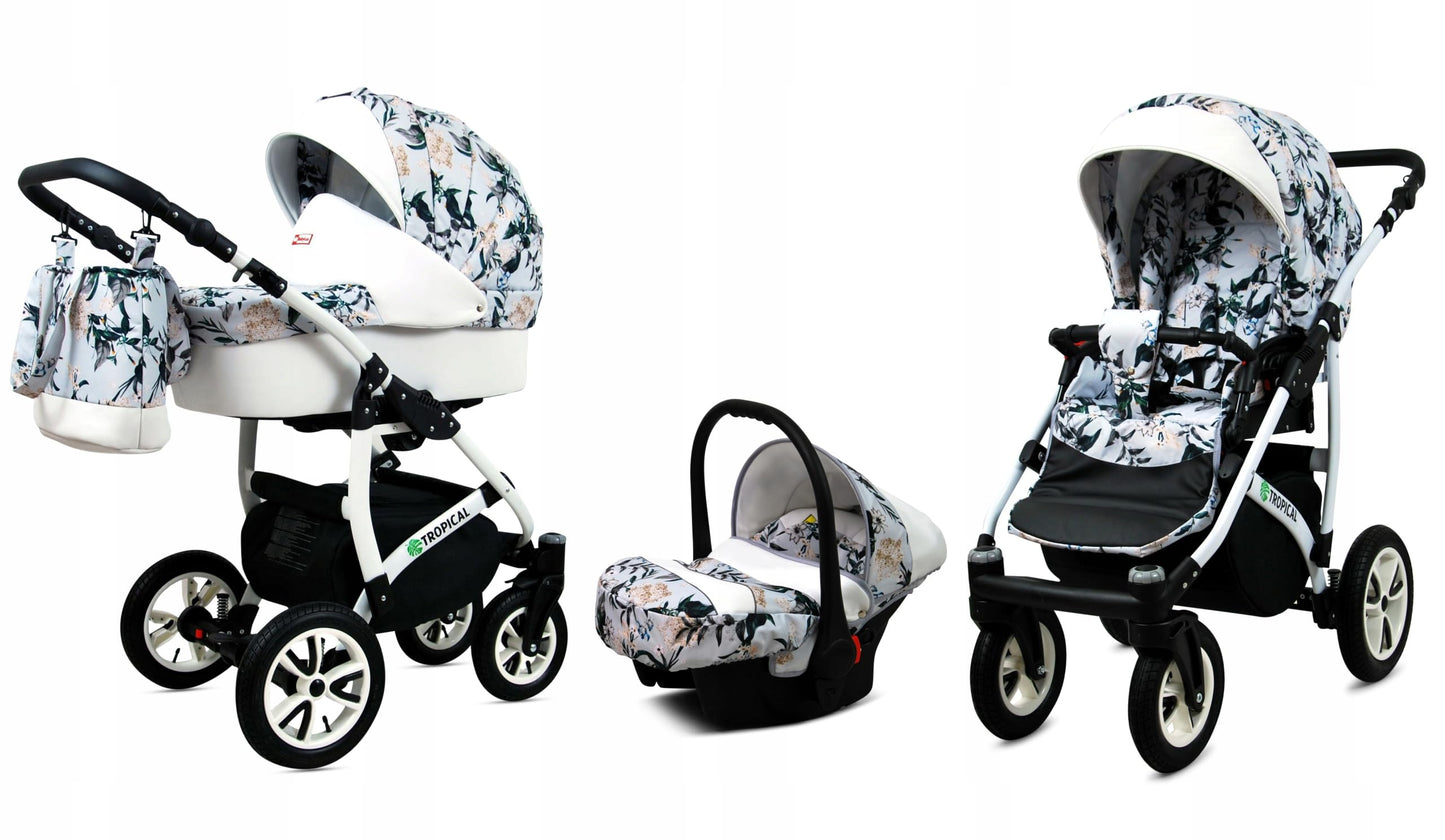 BabyLux® Bambimo Pushchair Set 3 in 1 - Tropical - incl. Baby Carrycot, Buggy Sports Seat, Car Seat - Pram Set - Combination Pram with Changing Bag, Rain Cover etc.