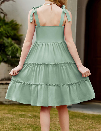 Arshiner Mädchen Kleider Fliege Trägerkleid Kinder Baumwolle Sommerkleid Ärmelloses A-Linie Swingkleid Schulterfrei Elegant Freizeitkleid für Mädchen 5-15 Jahre