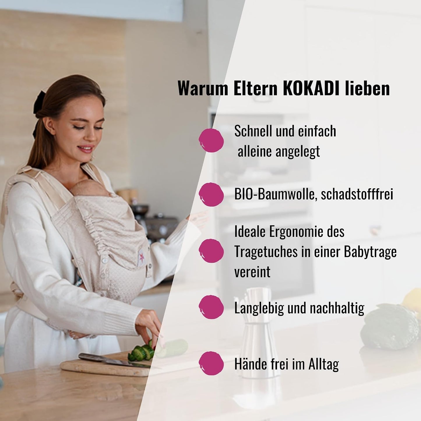 KOKADI Babytrage Flip X - für Neugeborene ab Geburt bis 15kg - ergonomisch, mitwachsend und einfach - geeignet für breite Schultern, sichere Tragehilfe aus Bio-Baumwolle - Heart2Heart Cream