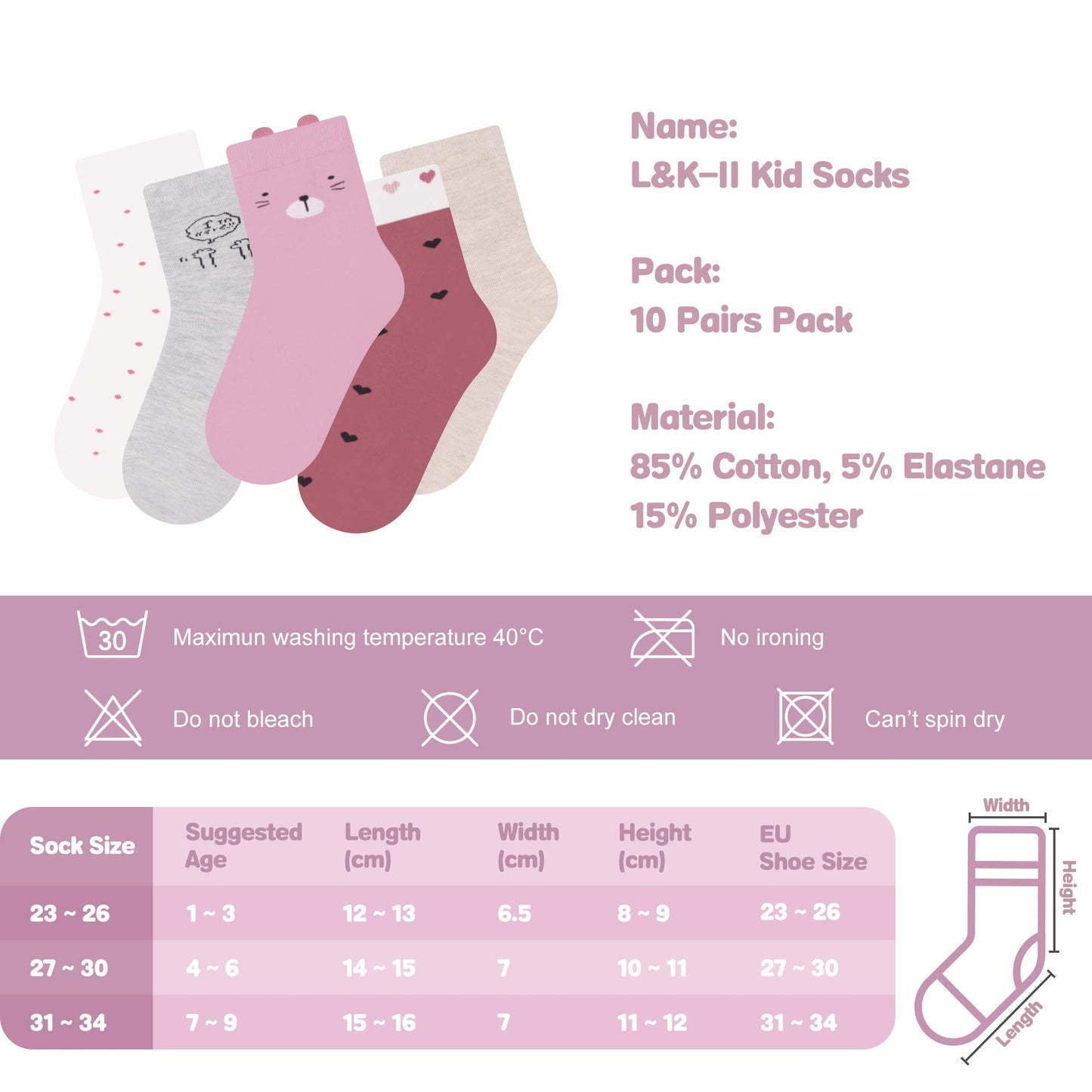 L&K-II 10/12 Paar Kinder Mädchen Socken mit niedlichen Herzmustern Kids Füßlinge Sneakersocken bunt 2825