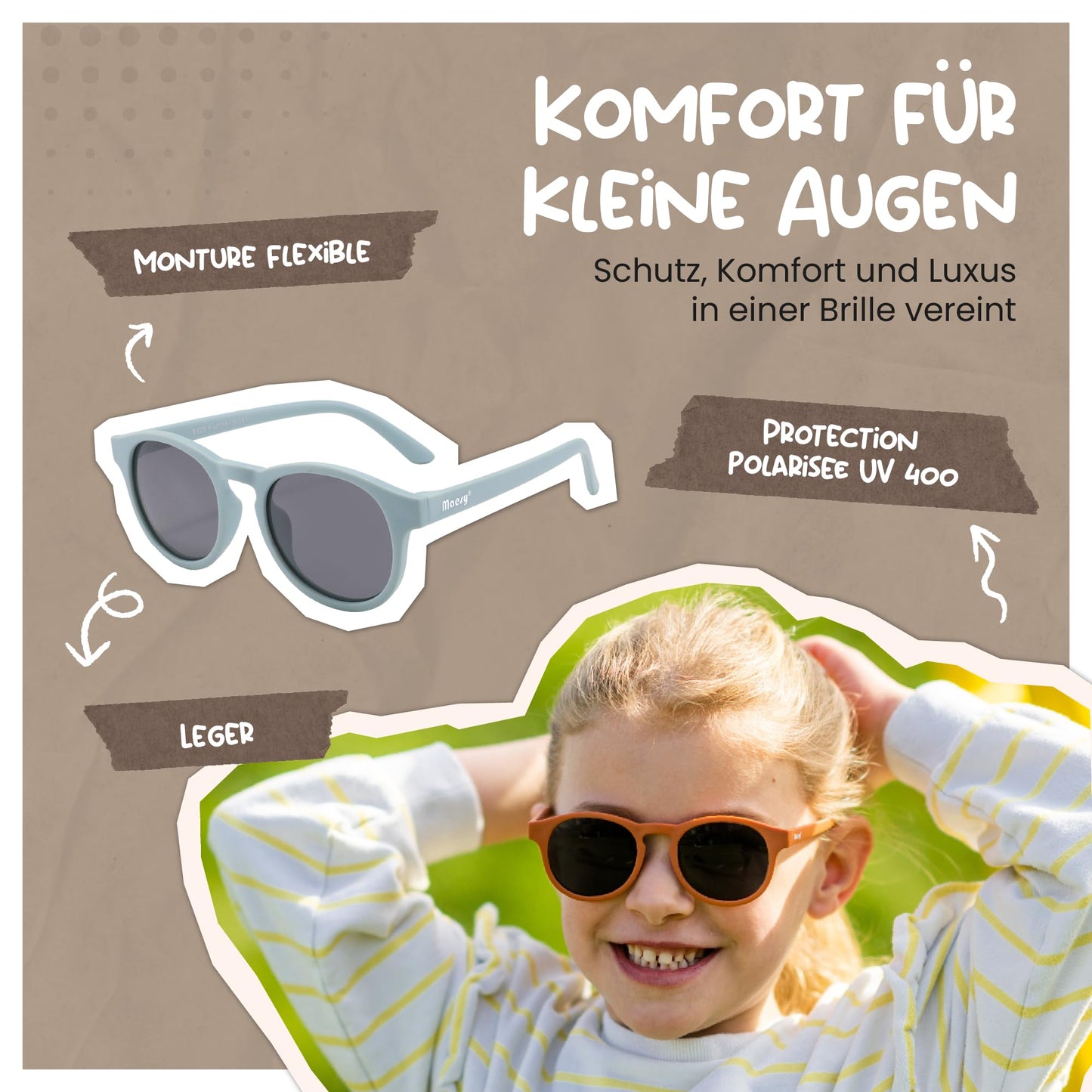Maesy Faela Kindersonnenbrille für 3-6 Jahre - UV400 polarisierter Schutz - Flexibler und flexibler Rahmen - Sichere und bequeme Kindersonnenbrille für Kleinkinder