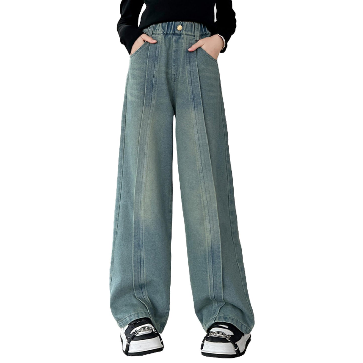 Rolanko Girls' Jeans Trousers with Hole, Denim Blue Jeans, Vintage Trousers With Wide Leg for Children