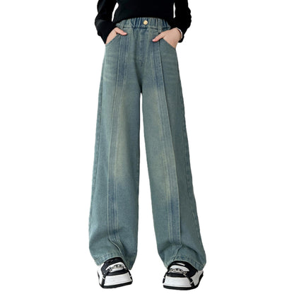 Rolanko Girls' Jeans Trousers with Hole, Denim Blue Jeans, Vintage Trousers With Wide Leg for Children