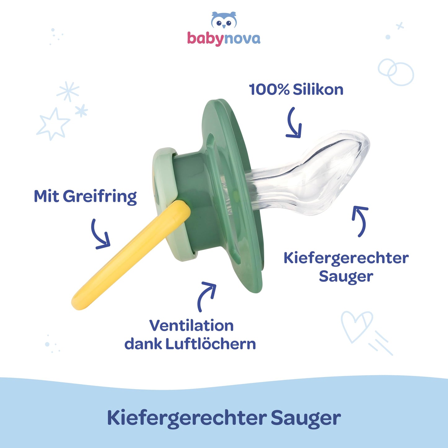 babynova Silikon Schnuller 2er-Set mit Sterilisationsbox - Schnuller Größe 1, 0-6 Monate - kiefergerechter Nuckel – BPA-frei – Made in Germany - Elefanten