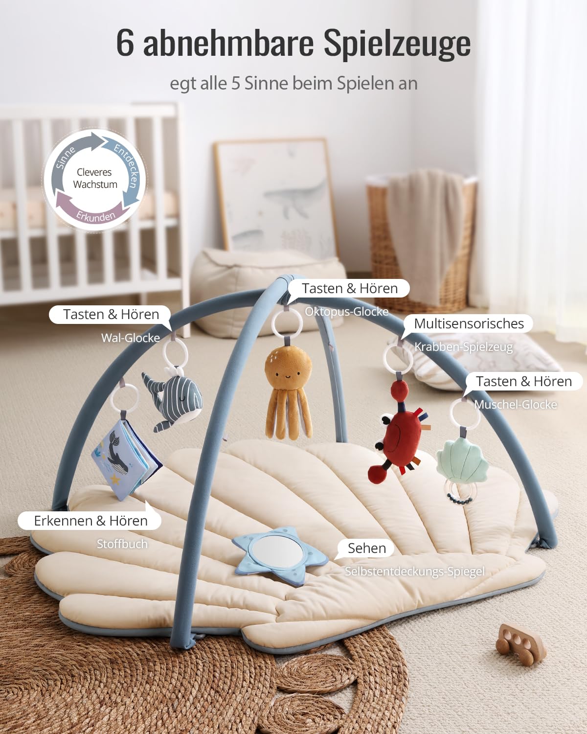 Blissful Diary Spielbogen Baby, Übergroßes Blattförmiges Spieldecke Baby Gym Activity Decke mit 6 Abnehmbare Spielzeuge, krabbeldecke Unverzichtbare Babygeschenke, Waldgrün