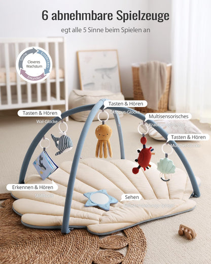 Blissful Diary Spielbogen Baby, Übergroßes Blattförmiges Spieldecke Baby Gym Activity Decke mit 6 Abnehmbare Spielzeuge, krabbeldecke Unverzichtbare Babygeschenke, Waldgrün