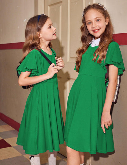 Arshiner Kleider für Mädchen Schmetterlingsärmel Kleid Kinder A-Line Swing Kleid Rundhals Sommerkleid Baumwollekleid Festlich Partykleid Hochzeit Lässige Kinderkleidung mit Tasche
