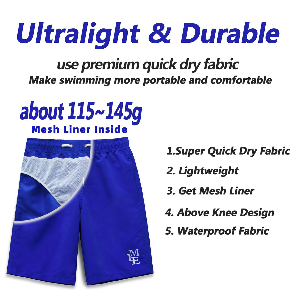 MEILONGER Boys' Swim Shorts Quick-drying Boardshorts with Mesh Lining Pockets and Adjustable Drawstring 