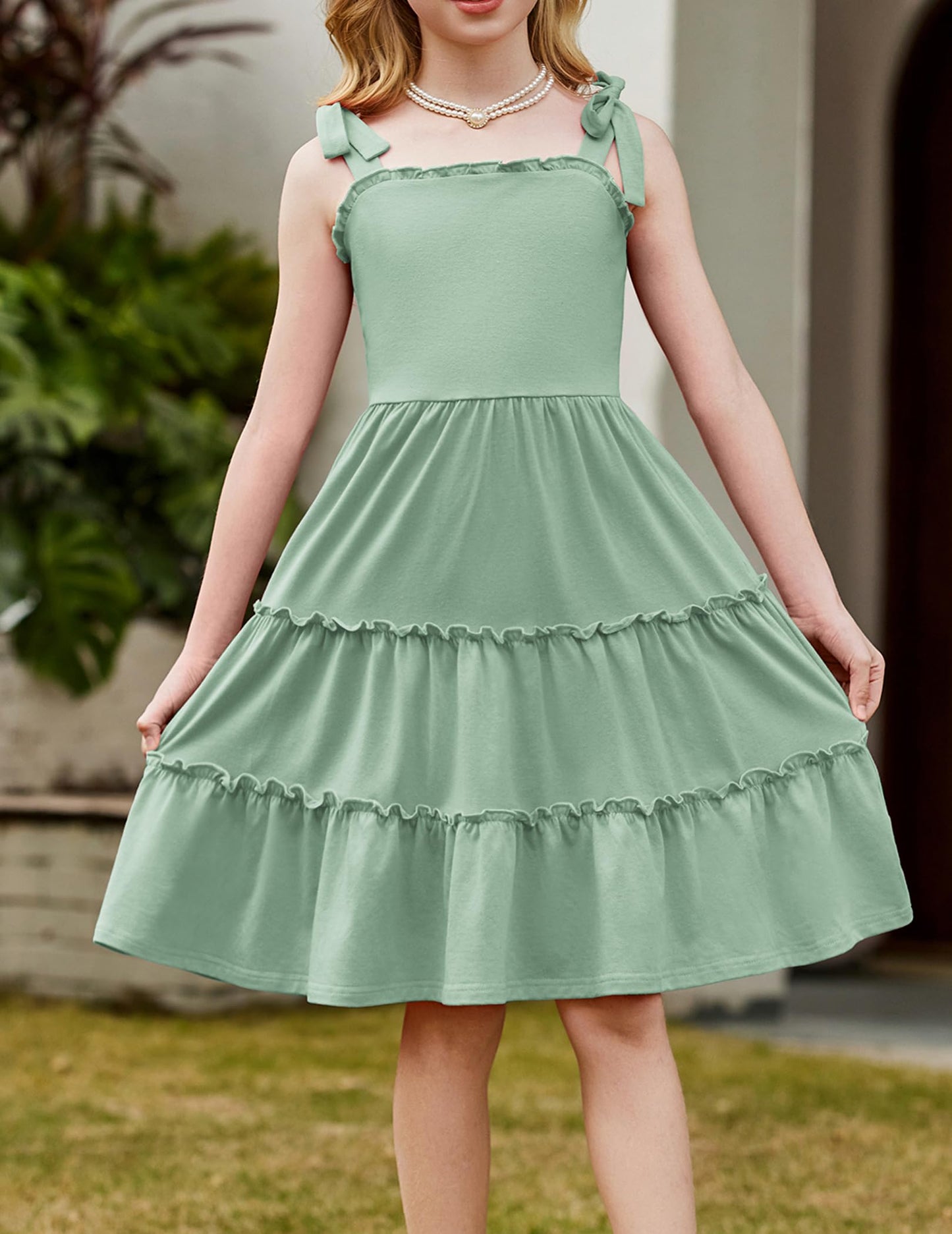 Arshiner Mädchen Kleider Fliege Trägerkleid Kinder Baumwolle Sommerkleid Ärmelloses A-Linie Swingkleid Schulterfrei Elegant Freizeitkleid für Mädchen 5-15 Jahre