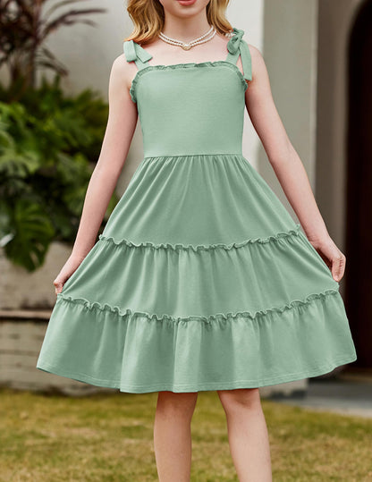 Arshiner Mädchen Kleider Fliege Trägerkleid Kinder Baumwolle Sommerkleid Ärmelloses A-Linie Swingkleid Schulterfrei Elegant Freizeitkleid für Mädchen 5-15 Jahre