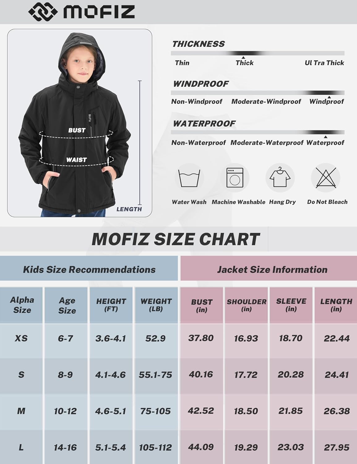 MoFiz Winter Jacket Boys Ski Jacket Warm Inner Lining Children's Outdoor Softshell Jackets Snow Jacket with Removable Hood