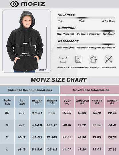MoFiz Winter Jacket Boys Ski Jacket Warm Inner Lining Children's Outdoor Softshell Jackets Snow Jacket with Removable Hood