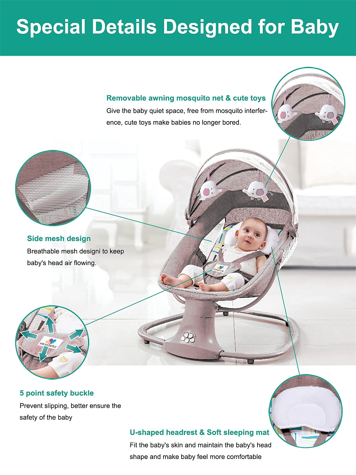 Sianldcone Baby Cradle, Bassinet Baby Toddler Cradle, Baby Bedside Table, Foldable Convertible Co-Sleeping Baby Bed with Music, 5-Swaying Gears (HR00 Pink) 