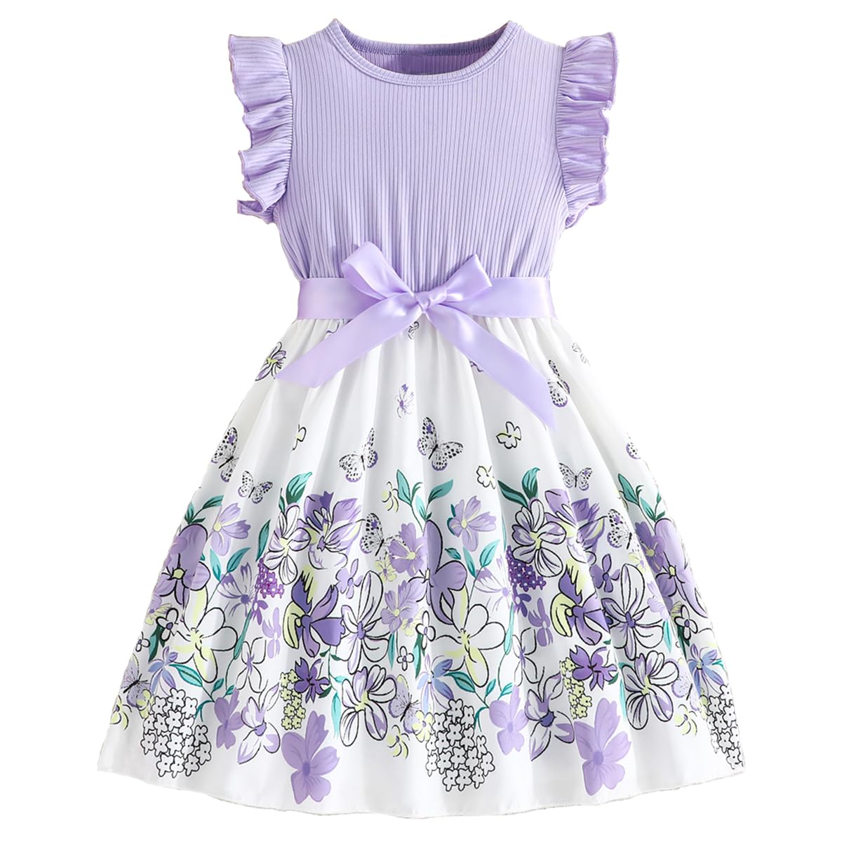 Codkkre Girls Dress Flowers Bowknot Kids Dresses Ruffle Sleeves A-Line Girls Dress Summer Easter Girls Dress Round Neck 104 110 116 122 128 