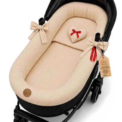 Stubenwagen Umrandung aus Musselin Baumwolle – Nestchen für Babywanne Kinderwagen und Buggy Atmungsaktiv – Schonbezug Set 3-teilig mit Kissen und Einlage für Neugeborene Gefieder
