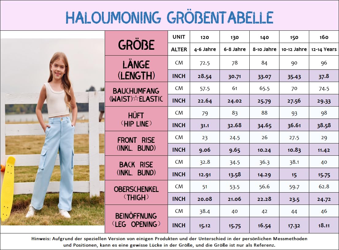 Haloumoning Mädchen Cargohose Baumwoll Y2K Baggy Cargo Hose Kinder Straight Leg Hohe Taille Jogginghose Casual Outdoorhose mit Elastische Taille und Taschen