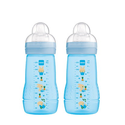 MAM Easy Active Trinkflasche im 2er-Set (330 ml), Baby Trinkflasche inklusive MAM Sauger Größe 2 aus SkinSoft Silikon, Milchflasche mit ergonomischer Form, 4+ Monate, Weltall - Meloni2
