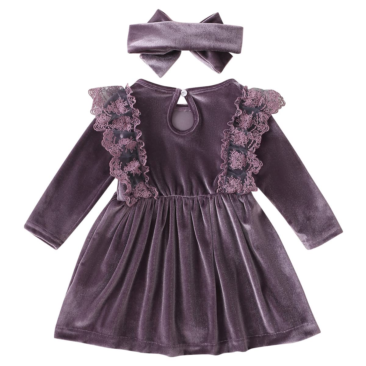 Baby Dress Girls Long Sleeve Lace A Line Princess Velvet Dress + Headband Wedding Festive Autumn Winter Clothing