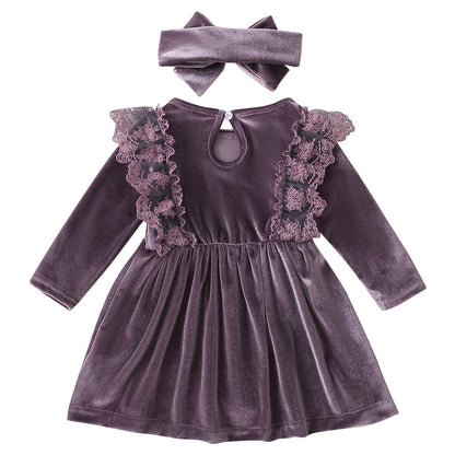 Baby Dress Girls Long Sleeve Lace A Line Princess Velvet Dress + Headband Wedding Festive Autumn Winter Clothing