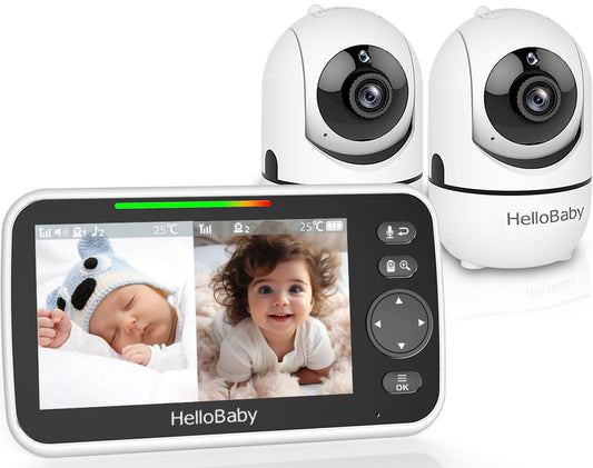 HelloBaby Babyphone mit Kamera, Kein WLAN, 5" IPS, HB6550, 3500 mAh | 355° Schwenken-120° Neige-Zoomen, Babyfone ohne WLAN, 2 Wege Audio, Temperatur, 8 Schlaflieder, Nachtsicht, Kabel-Kamera