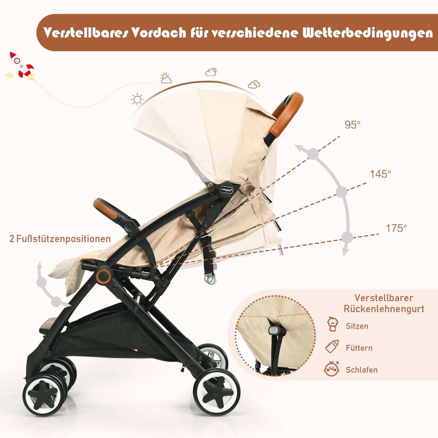 DREAMADE Children's Buggy Foldable with Reclining Function, Pram for Baby 0-3 Years, Foldable Buggy with 5-Point Safety Belt & Storage Basket & Brake (Grey)