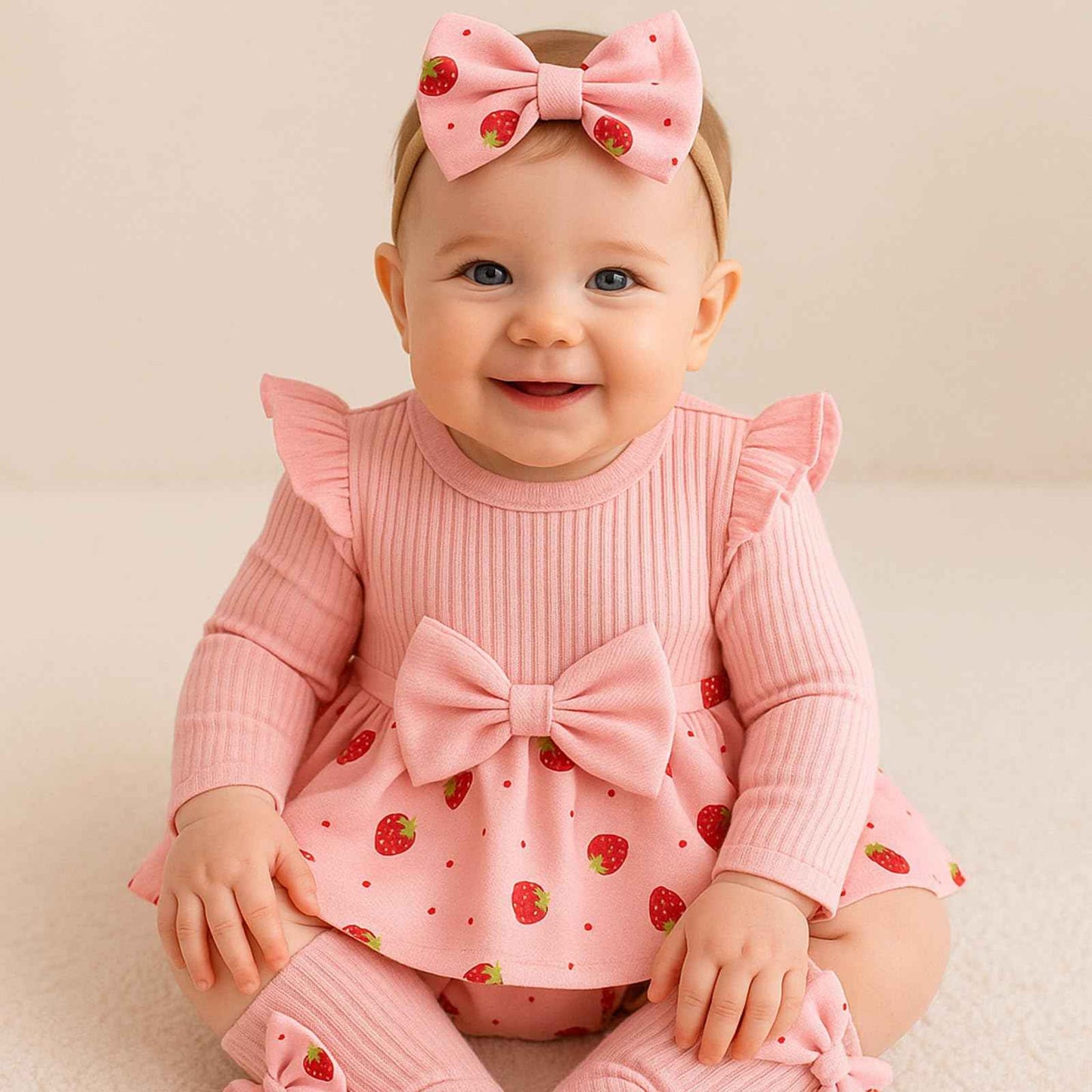 Winmany Strawberry Baby Girls Bodysuit with Sock Bow Headband Newborn Long Sleeve Bodysuit Autumn Winter Spring Jumpsuit Photography Props Clothes