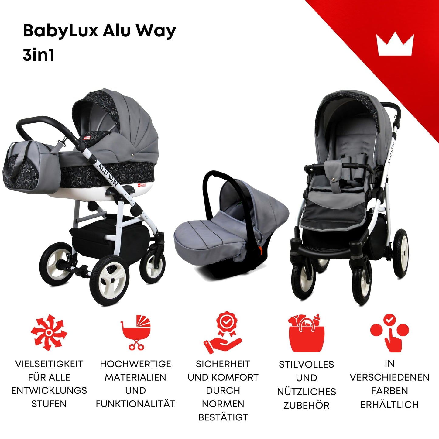 BabyLux® Kinderwagen Set 4 in 1 - Alu Way - incl. Babywanne, Buggy Sportsitz, Auto-Babyschale, ISOFIX-Basisstation - Autositz - Kinderwagenset - Kombikinderwagen mit Wickeltasche usw.