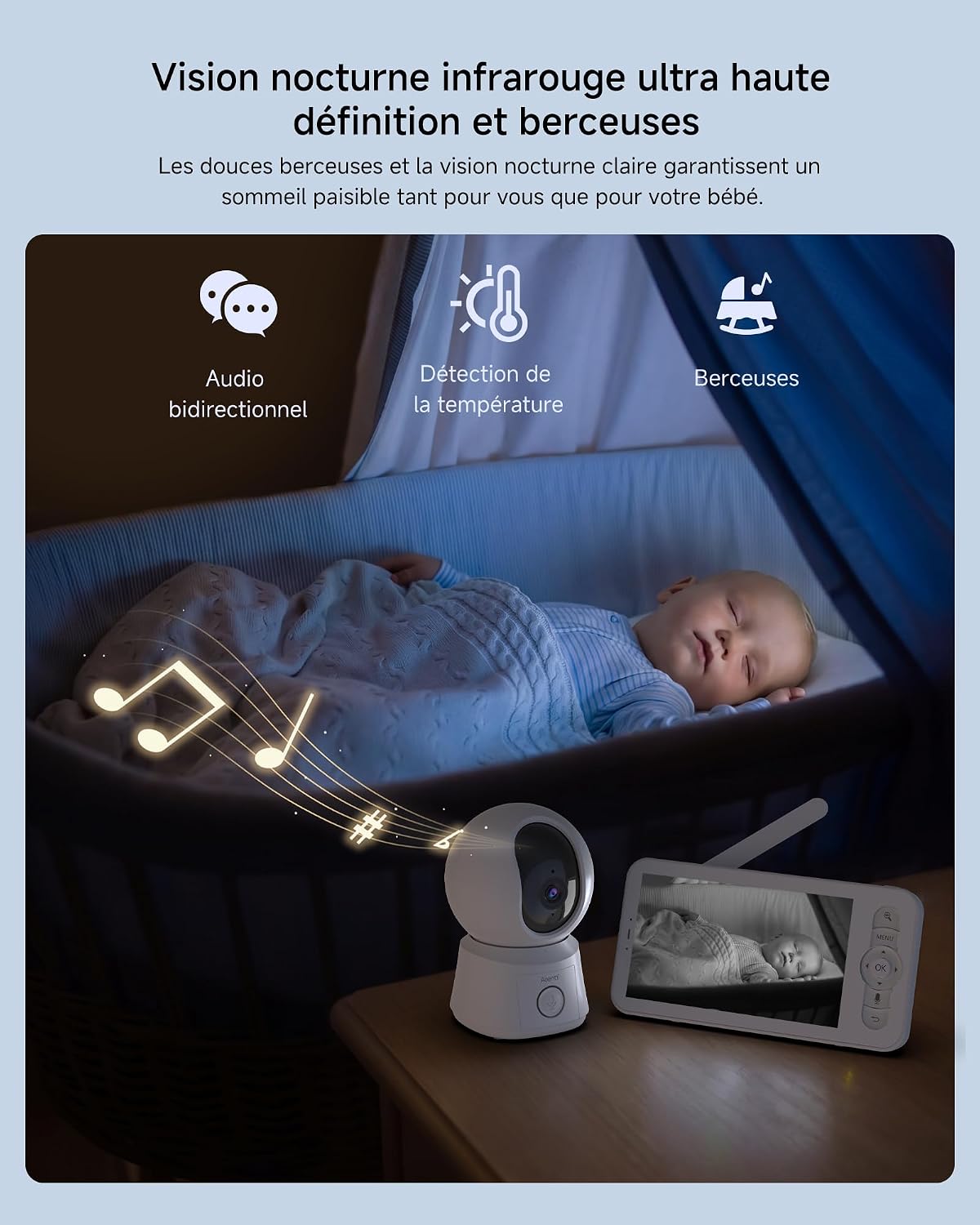 ARENTI 1080P Babyphone mit Kamera mit 5" Display, PTZ Video Babyfon mit Kamera und App, One-Touch-Ruf, Wiegenlied, Temperatursensor, Nachtsicht, 2 Wege Audio, Automatische Verfolgung, VoX Mode
