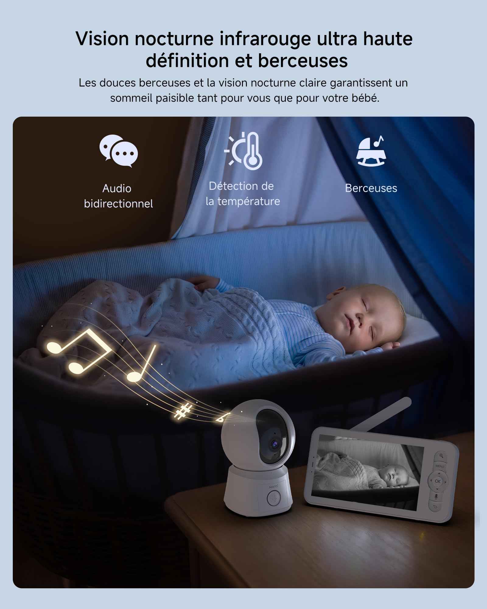ARENTI 1080P Babyphone mit Kamera mit 5" Display, PTZ Video Babyfon mit Kamera und App, One-Touch-Ruf, Wiegenlied, Temperatursensor, Nachtsicht, 2 Wege Audio, Automatische Verfolgung, VoX Mode