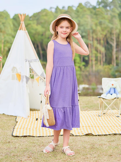 Haloumoning Girls' Dresses Summer Sleeveless Dress Round Neck Tank Top Dress Kids Long Casual Dress Sundress