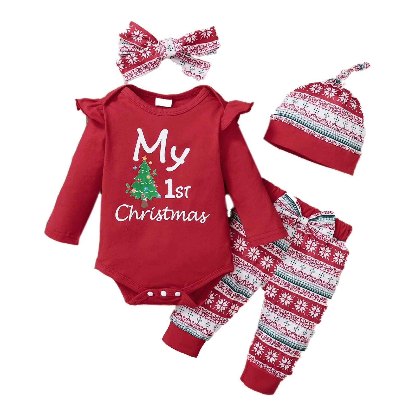 Verve Jelly Toddler Baby Girl My 1st Christmas Outfits Xmas Romper Long Sleeve Letter Print Bodysuit Snowflake Trousers with Hat Headband Set of 4