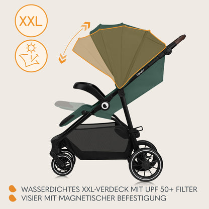 LIONELO Emma Plus Kinderwagen bis zu 15 kg, Kindersportwagen, leicht modern klein Buggy mit Liegeposition, zusammenklappbar, große Räder, großer Korb, Tasche Vivid Turkus