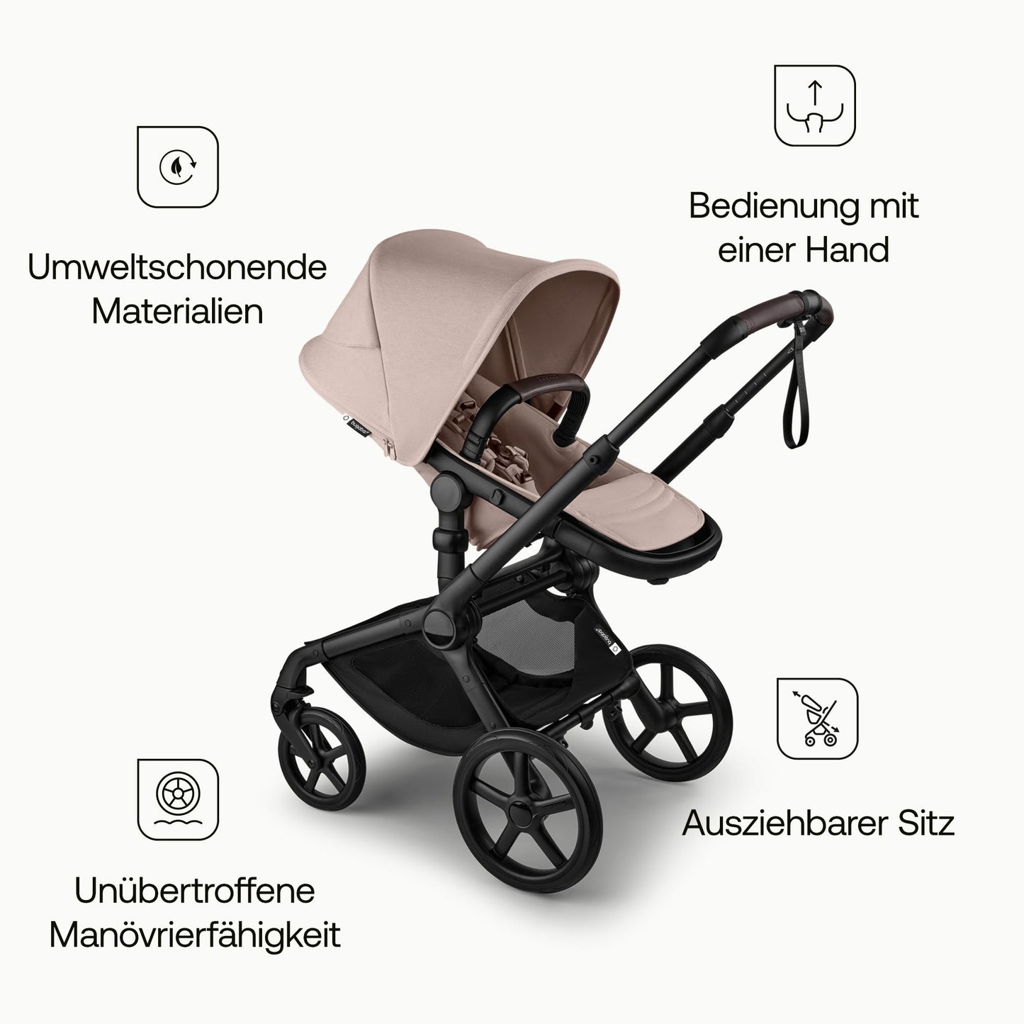 Bugaboo Fox 5, 2-in-1 Kinderwagen für jedes Gelände, mit Liegewanne und ausziehbarem Kleinkindsitz, einfach zu manövrieren und Ein-Hand Faltung, Fahrgestell in Schwarz und Sonnendach in Forest Green