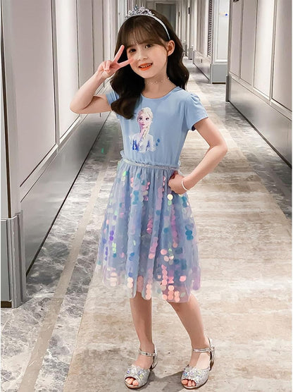 Renholin ELSA Kleider Shine Sommer Kleid Kurzarm Gefrorene Eiskönigin Prinzessin EIS Prinzessin Kostüm Mädchen Kinder Party Rock