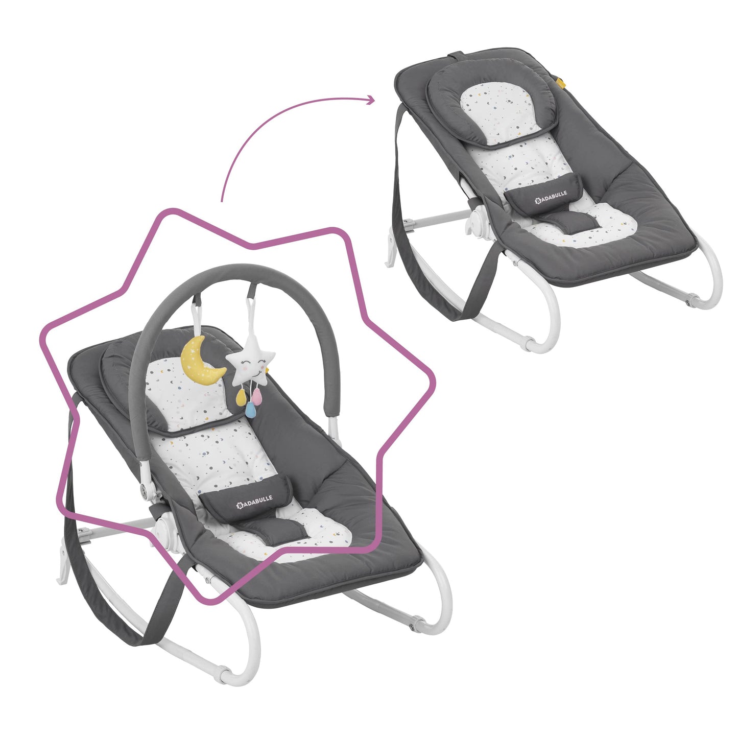 Badabulle Lichen foldable baby bouncer - Adjustable backrest - 3-point safety belt - Removable play arch 