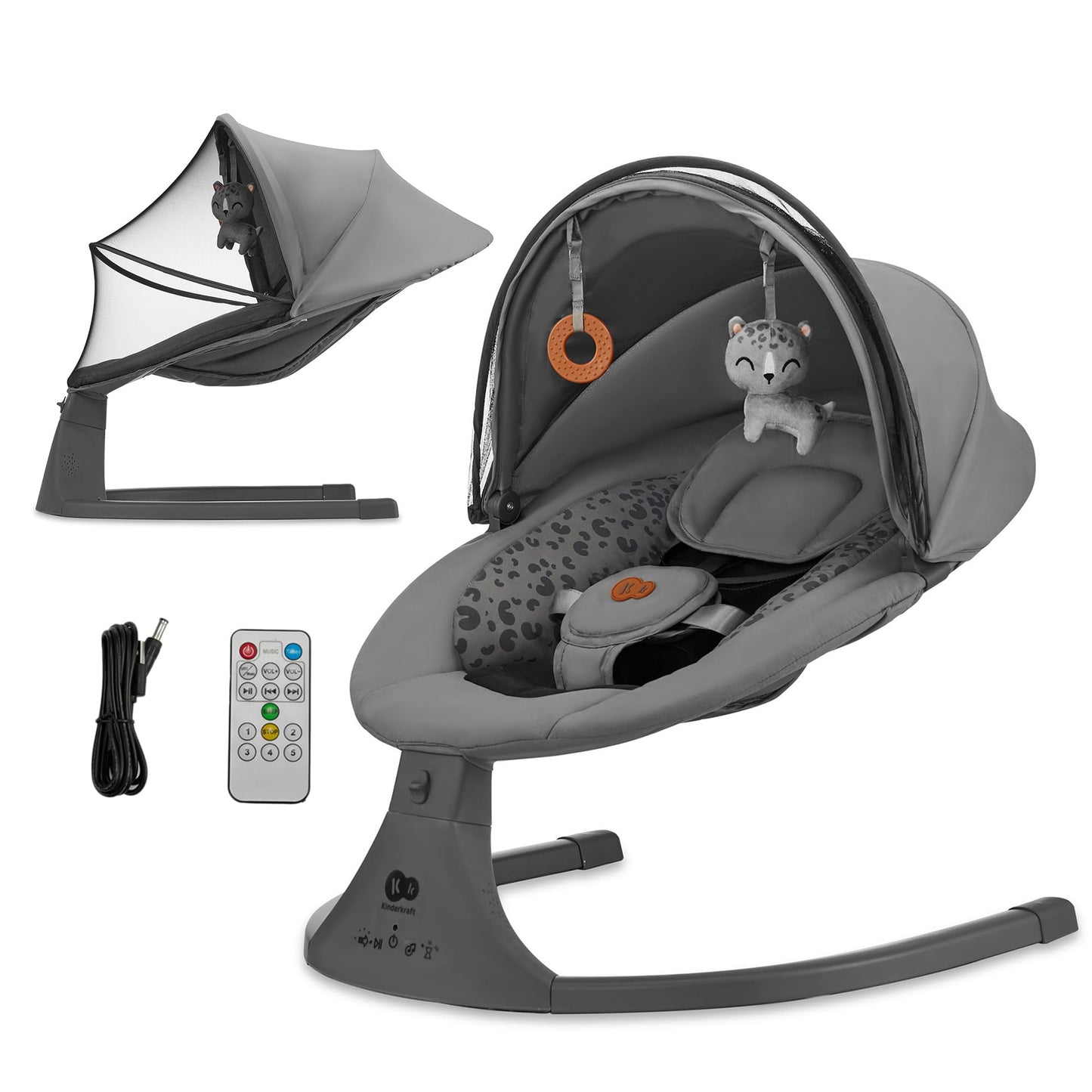 Kinderkraft LUMI 2 Babywippe, Elektrische Babyschaukel, Von der Geburt bis 9 Monate, Höhenverstellbar, 5 Schaukelmodi, 12 Melodien, Bogen mit Spielzeug, Dunkelgrau