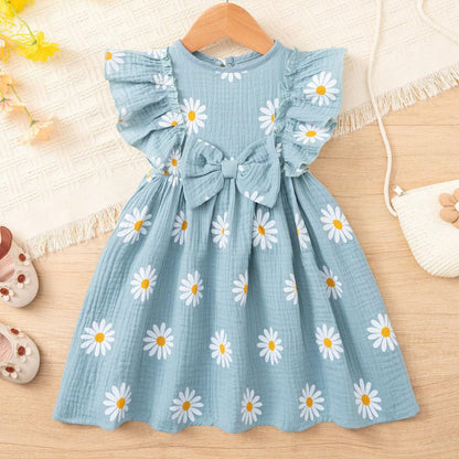 Kleinkinder Mädchen Sommerkleid Rüschenärmel Rundhalsausschnitt Knopfleiste Kleid lässiges Herbst A-Linien Party Kinderkleider 2-6 Jahre