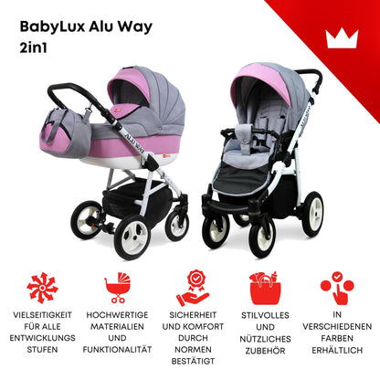 BabyLux® Kinderwagen Set 4 in 1 - Alu Way - incl. Babywanne, Buggy Sportsitz, Auto-Babyschale, ISOFIX-Basisstation - Autositz - Kinderwagenset - Kombikinderwagen mit Wickeltasche usw.
