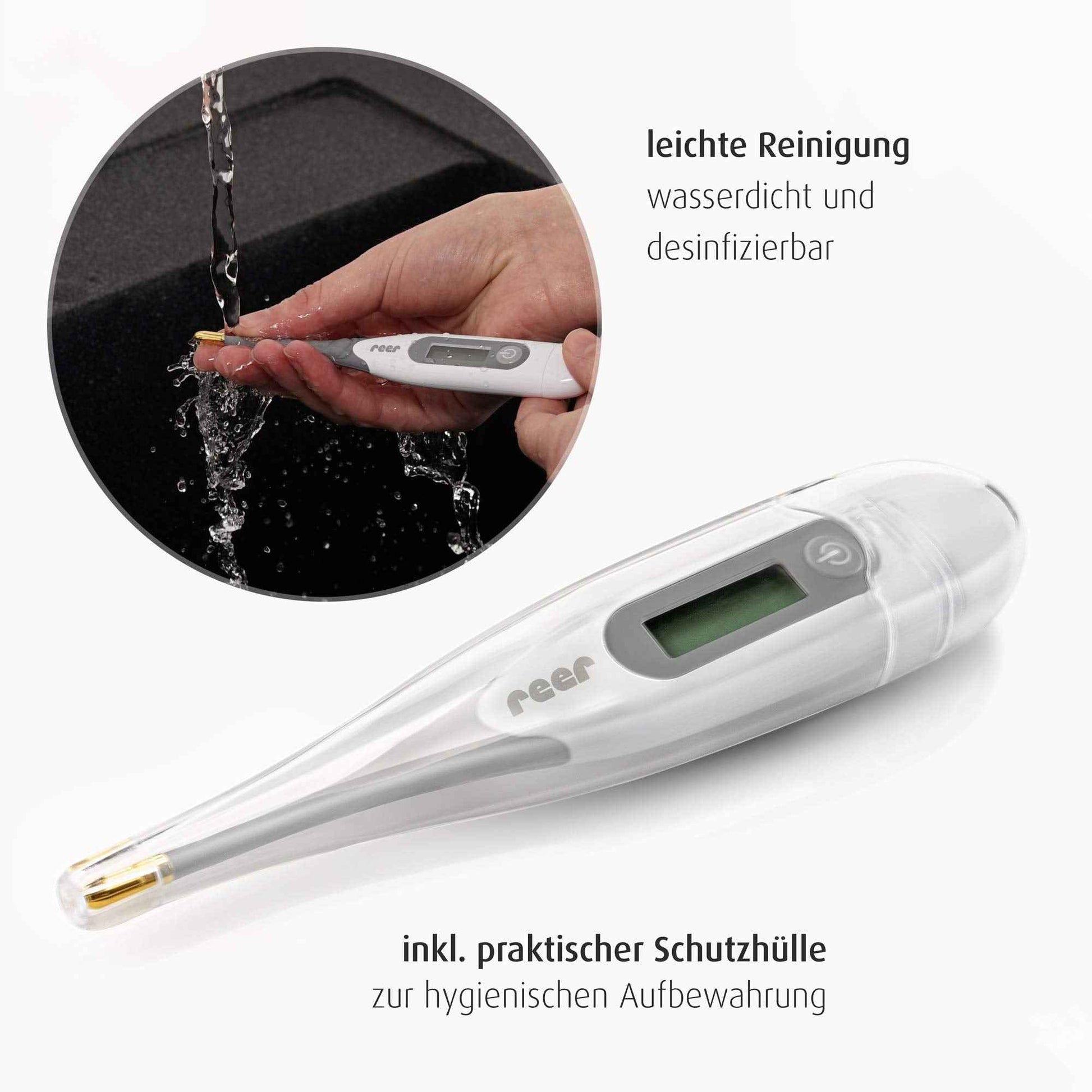 reer ExpressTemp Digitales Fieberthermometer, Messzeit 10 Sekunden, vergoldete flexible Spitze, für Baby und Kind
