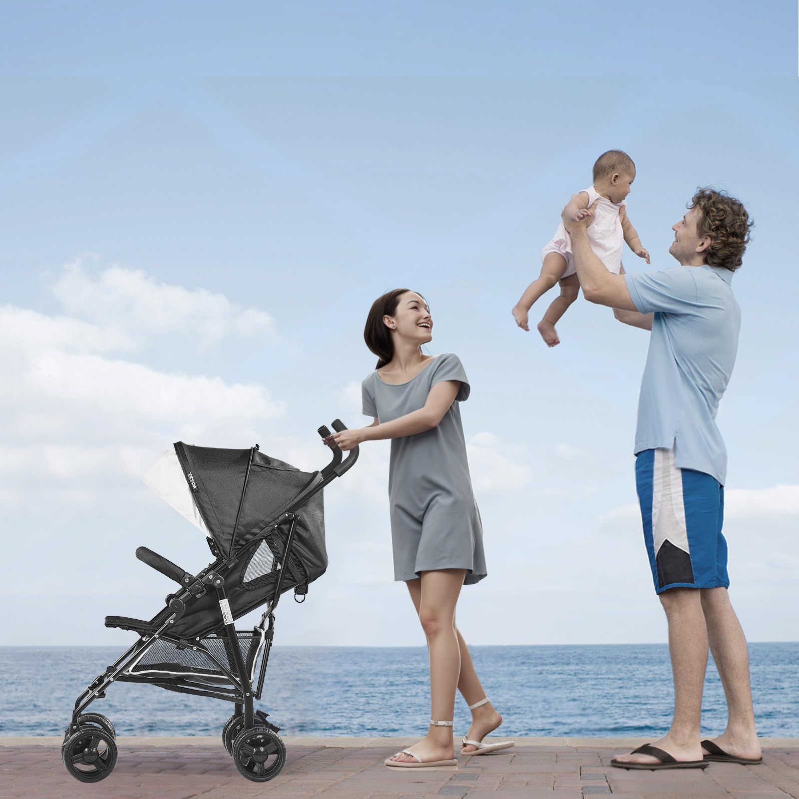 VEVOR Leichter Kinderwagen, kompakt, einfach zusammenklappbar, mit verstellbarer Rückenlehne, Rahmen aus Karbonstahl, großem Aufbewahrungskorb, Kinderwagen mit Schirm für Reisen und mehr, Schwarz/Weiß - Meloni2