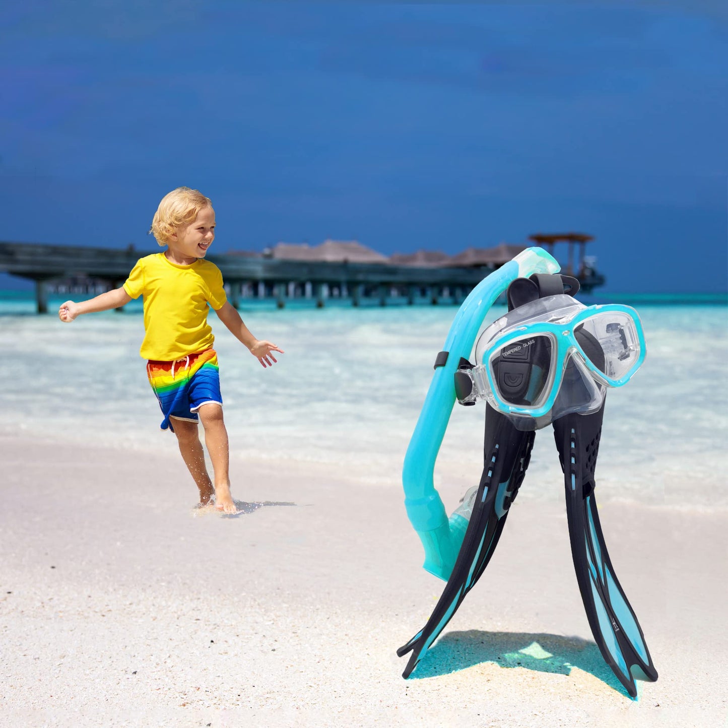 HH HHAO SPORT Children's snorkel set with fins, 180° panorama wide view diving goggles children, adjustable flippers, high-quality diving mask and dry top snorkel