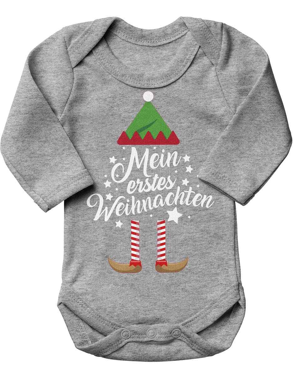 Mikalino Baby Bodysuit with Saying in German for Boys, Girls, Unisex, Long Sleeve, Mein erstes Weihnachten Saying (Christmas Elf), Hand Printed in Germany, Handmade with Love